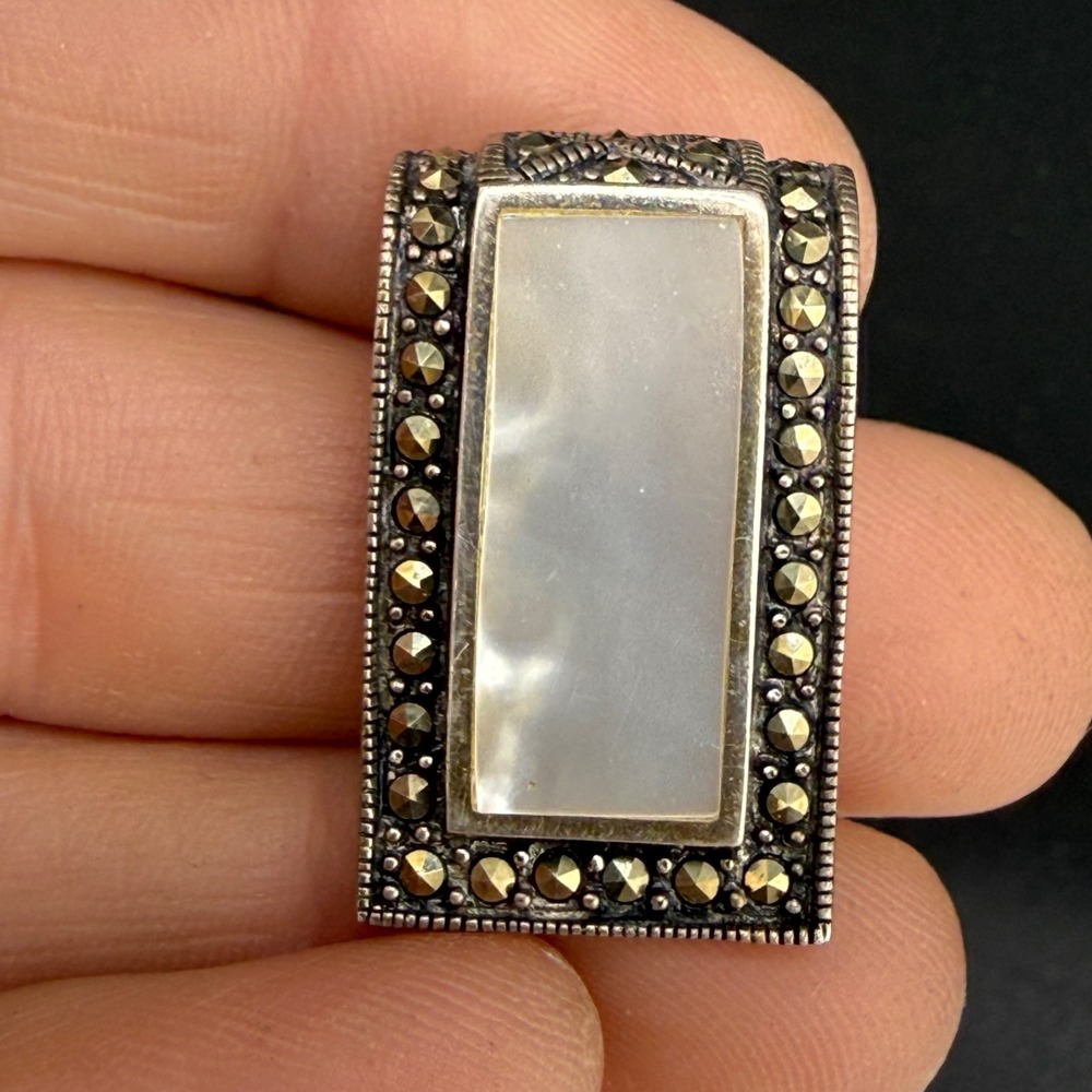 Vintage Estate Pendant Silver Mother of Pearl Marcasite Rectangle 1in